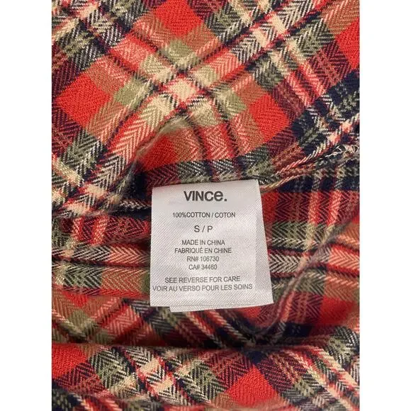 Vince Men’s Red Plaid Cotton Flannel Button Up Shirt Size Small - Picture 7 of 9